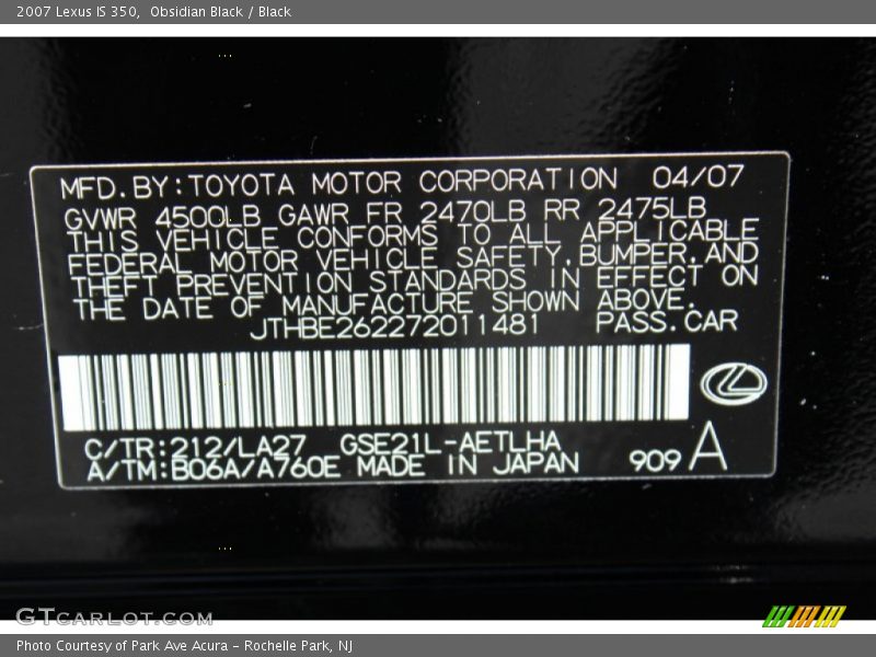 Obsidian Black / Black 2007 Lexus IS 350