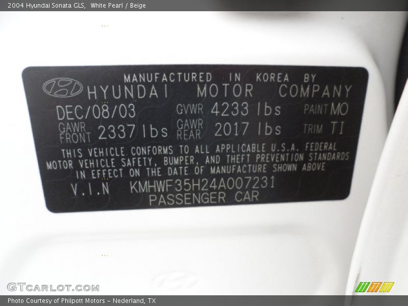 White Pearl / Beige 2004 Hyundai Sonata GLS