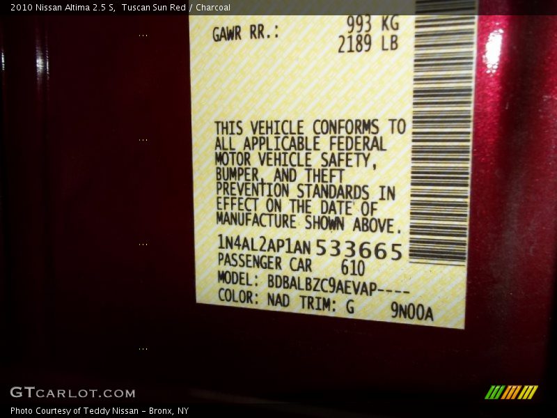 Tuscan Sun Red / Charcoal 2010 Nissan Altima 2.5 S