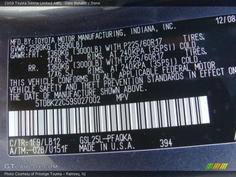 Slate Metallic / Stone 2009 Toyota Sienna Limited AWD