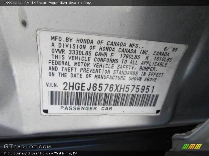Vogue Silver Metallic / Gray 1999 Honda Civic LX Sedan