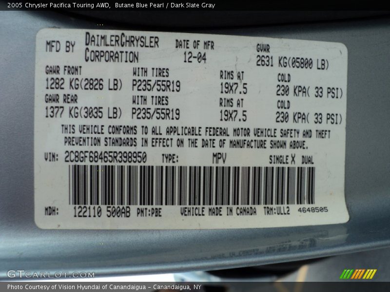 Butane Blue Pearl / Dark Slate Gray 2005 Chrysler Pacifica Touring AWD