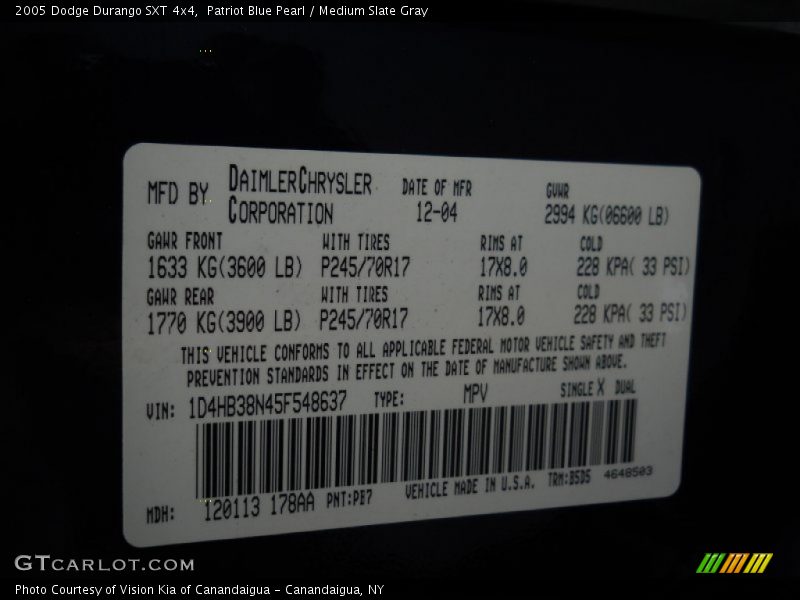 Patriot Blue Pearl / Medium Slate Gray 2005 Dodge Durango SXT 4x4