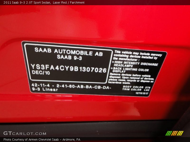 Laser Red / Parchment 2011 Saab 9-3 2.0T Sport Sedan