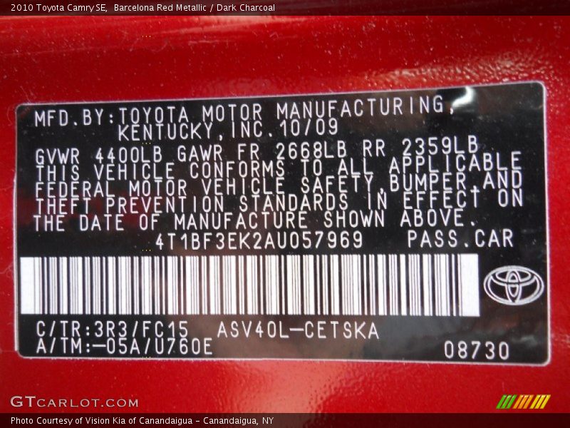 Barcelona Red Metallic / Dark Charcoal 2010 Toyota Camry SE