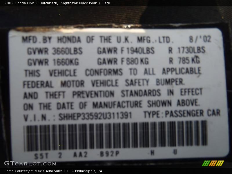 Nighthawk Black Pearl / Black 2002 Honda Civic Si Hatchback