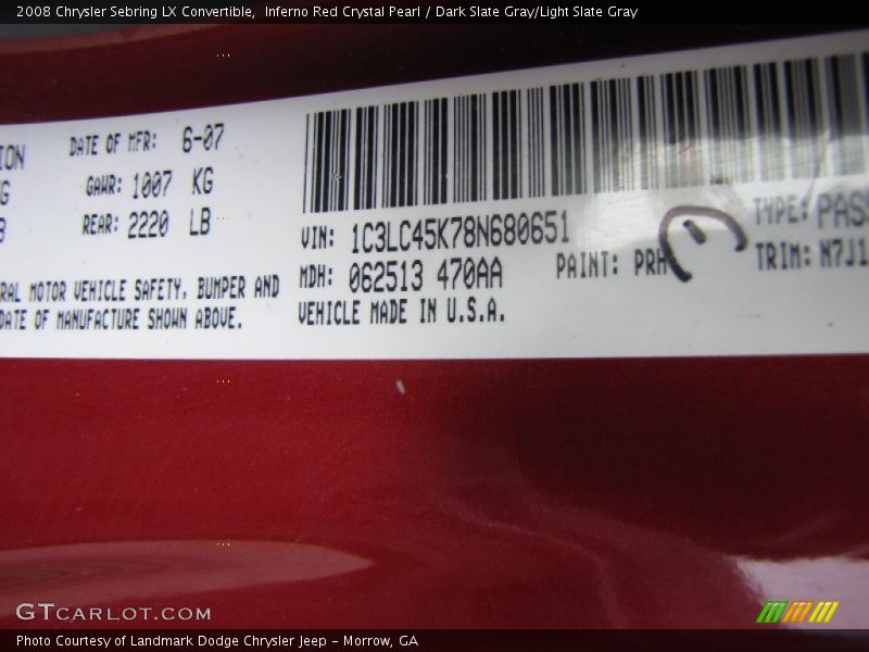 Inferno Red Crystal Pearl / Dark Slate Gray/Light Slate Gray 2008 Chrysler Sebring LX Convertible