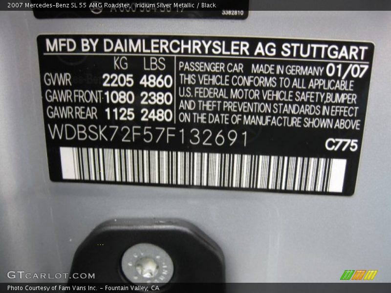 2007 SL 55 AMG Roadster Iridium Silver Metallic Color Code 775