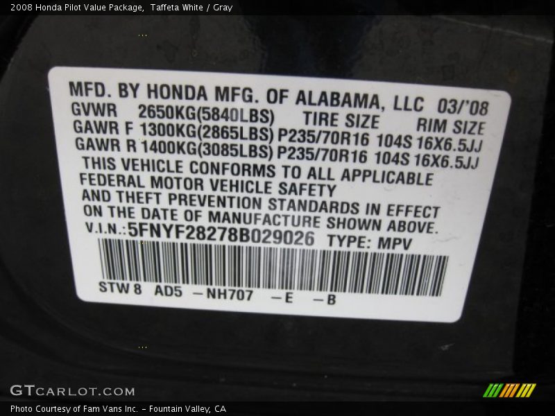 Taffeta White / Gray 2008 Honda Pilot Value Package