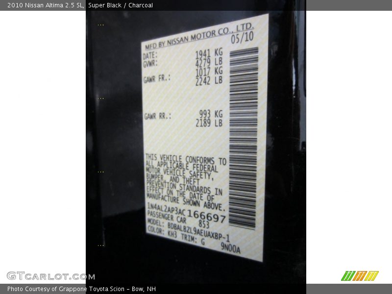 Super Black / Charcoal 2010 Nissan Altima 2.5 SL