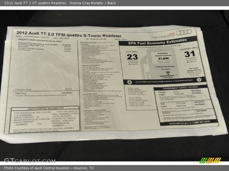  2012 TT 2.0T quattro Roadster Window Sticker