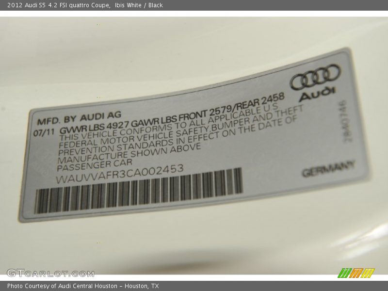 Info Tag of 2012 S5 4.2 FSI quattro Coupe