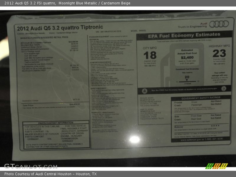  2012 Q5 3.2 FSI quattro Window Sticker
