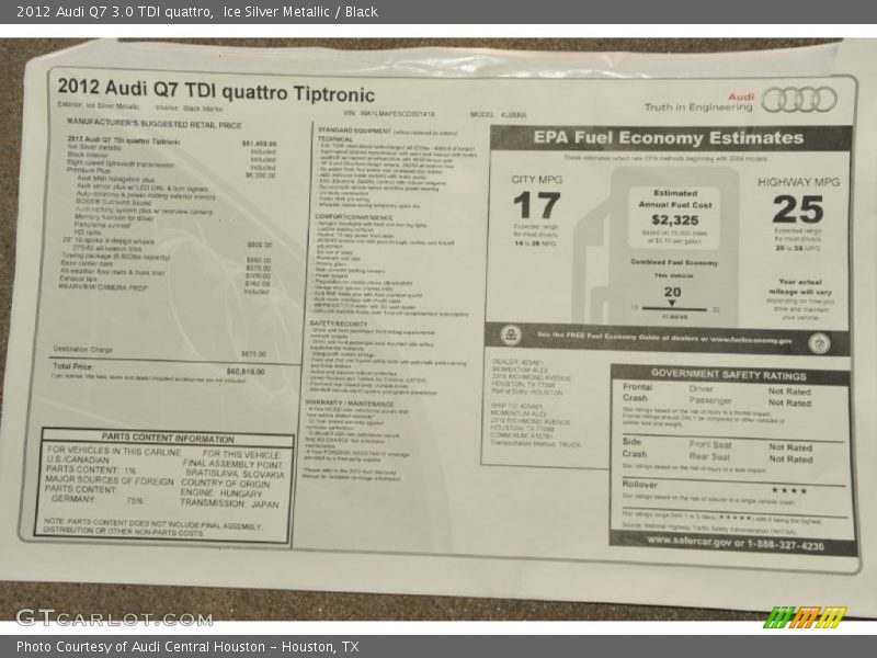  2012 Q7 3.0 TDI quattro Window Sticker