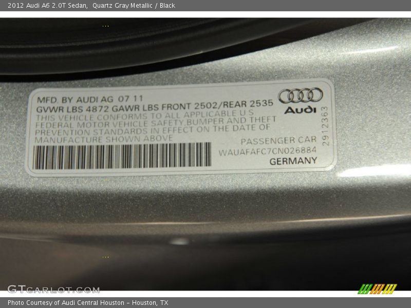 Info Tag of 2012 A6 2.0T Sedan