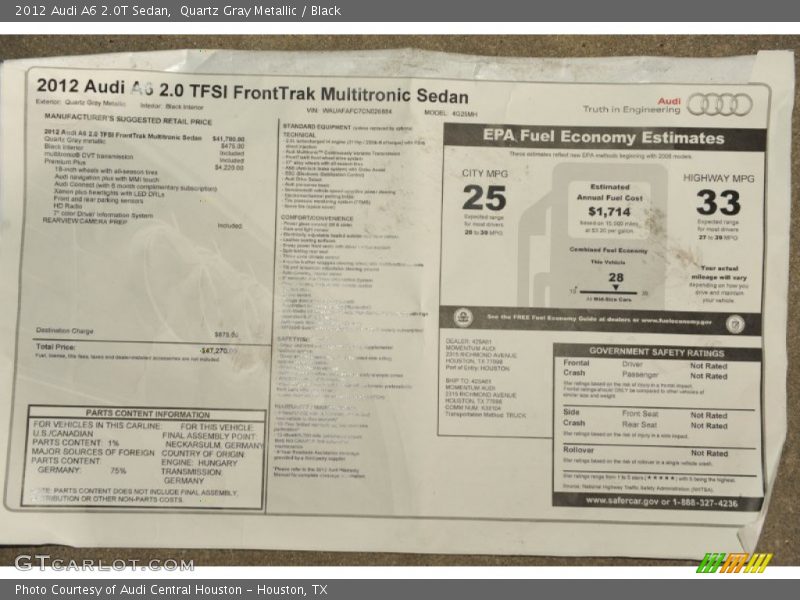  2012 A6 2.0T Sedan Window Sticker
