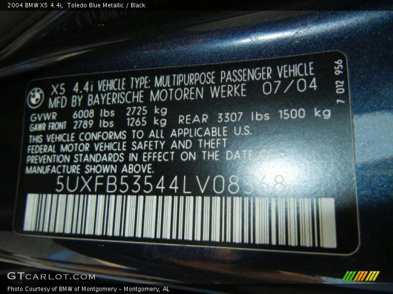 Toledo Blue Metallic / Black 2004 BMW X5 4.4i