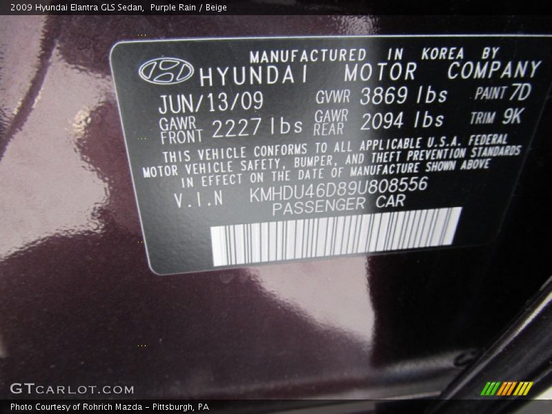 Purple Rain / Beige 2009 Hyundai Elantra GLS Sedan