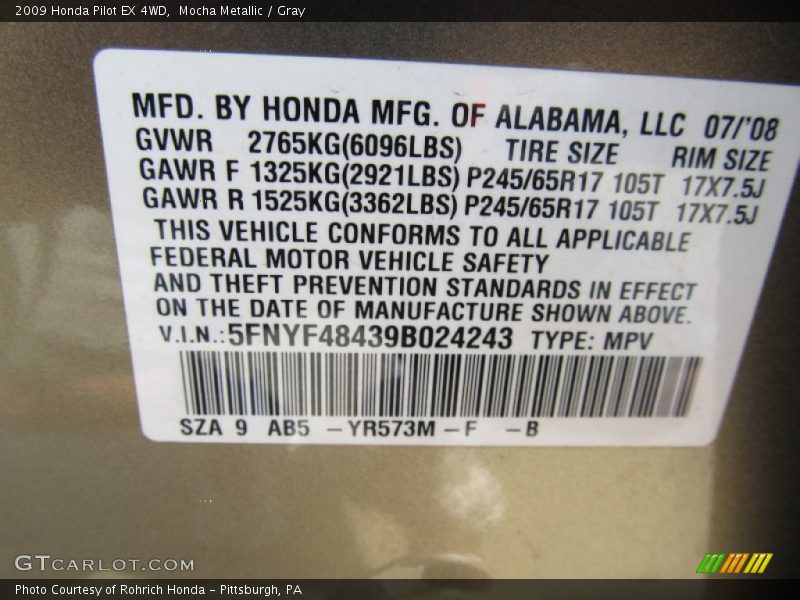 Mocha Metallic / Gray 2009 Honda Pilot EX 4WD