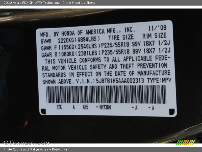 2010 RDX SH-AWD Technology Grigio Metallic Color Code NH736M