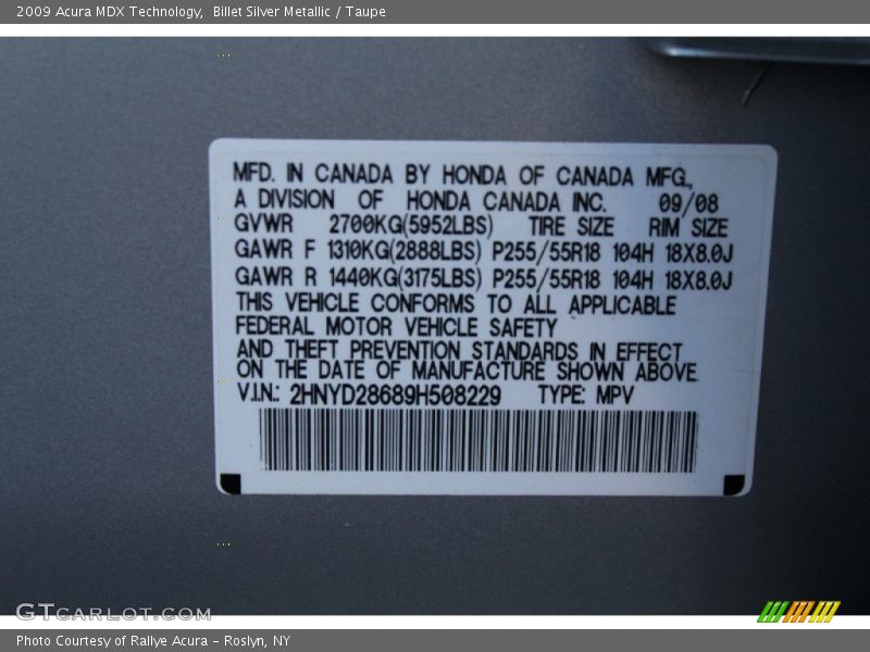 Billet Silver Metallic / Taupe 2009 Acura MDX Technology
