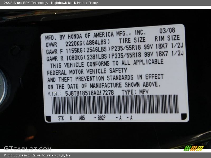 Nighthawk Black Pearl / Ebony 2008 Acura RDX Technology