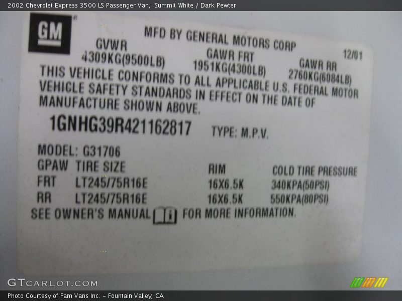 Summit White / Dark Pewter 2002 Chevrolet Express 3500 LS Passenger Van