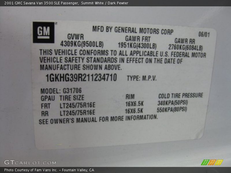 Summit White / Dark Pewter 2001 GMC Savana Van 3500 SLE Passenger