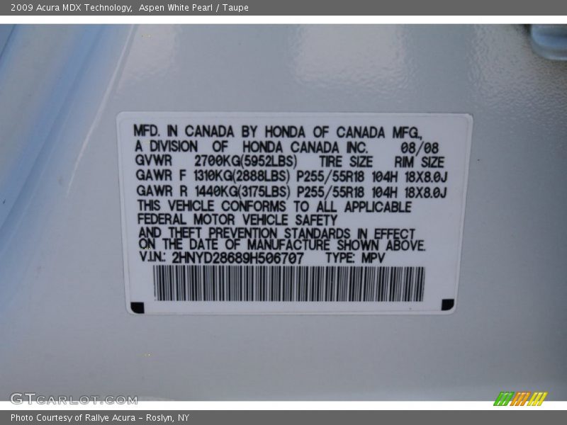 Aspen White Pearl / Taupe 2009 Acura MDX Technology