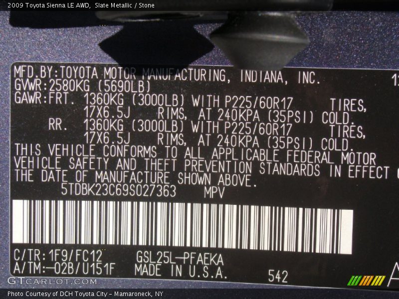 2009 Sienna LE AWD Slate Metallic Color Code 1F9