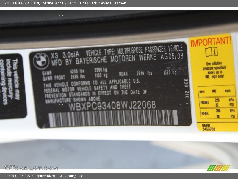 Alpine White / Sand Beige/Black Nevada Leather 2008 BMW X3 3.0si