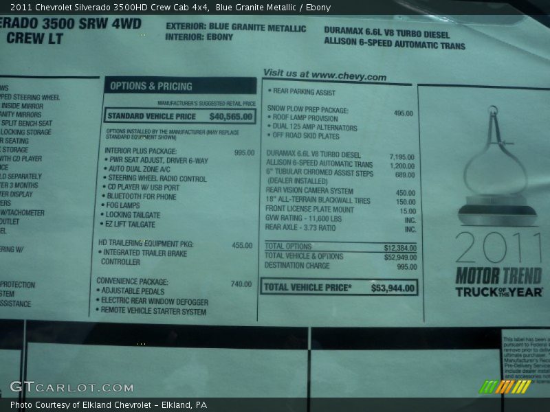  2011 Silverado 3500HD Crew Cab 4x4 Window Sticker