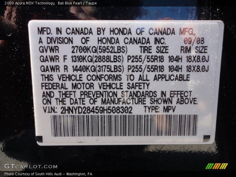 Bali Blue Pearl / Taupe 2009 Acura MDX Technology