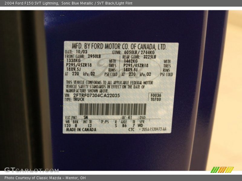 2004 F150 SVT Lightning Sonic Blue Metallic Color Code SN