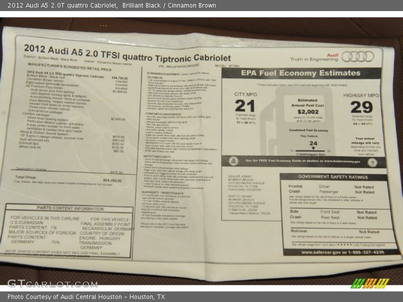  2012 A5 2.0T quattro Cabriolet Window Sticker