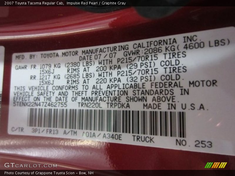 Impulse Red Pearl / Graphite Gray 2007 Toyota Tacoma Regular Cab