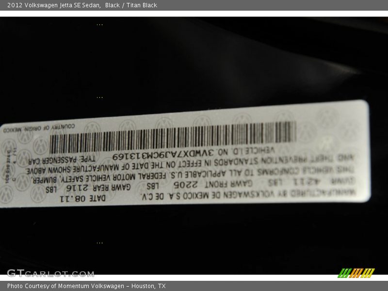 Black / Titan Black 2012 Volkswagen Jetta SE Sedan