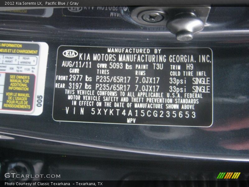 Pacific Blue / Gray 2012 Kia Sorento LX