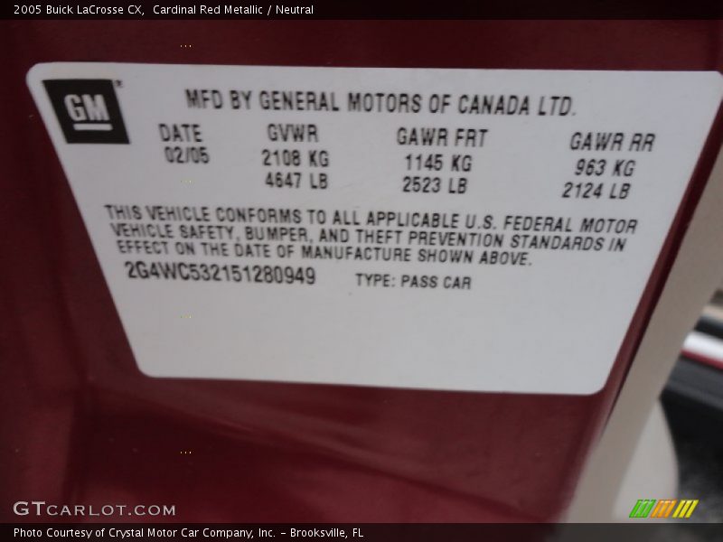 Cardinal Red Metallic / Neutral 2005 Buick LaCrosse CX