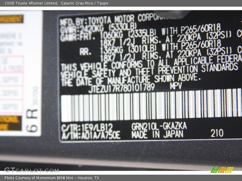 Galactic Gray Mica / Taupe 2008 Toyota 4Runner Limited