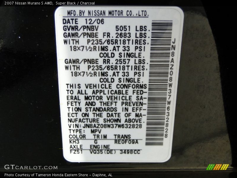 Super Black / Charcoal 2007 Nissan Murano S AWD