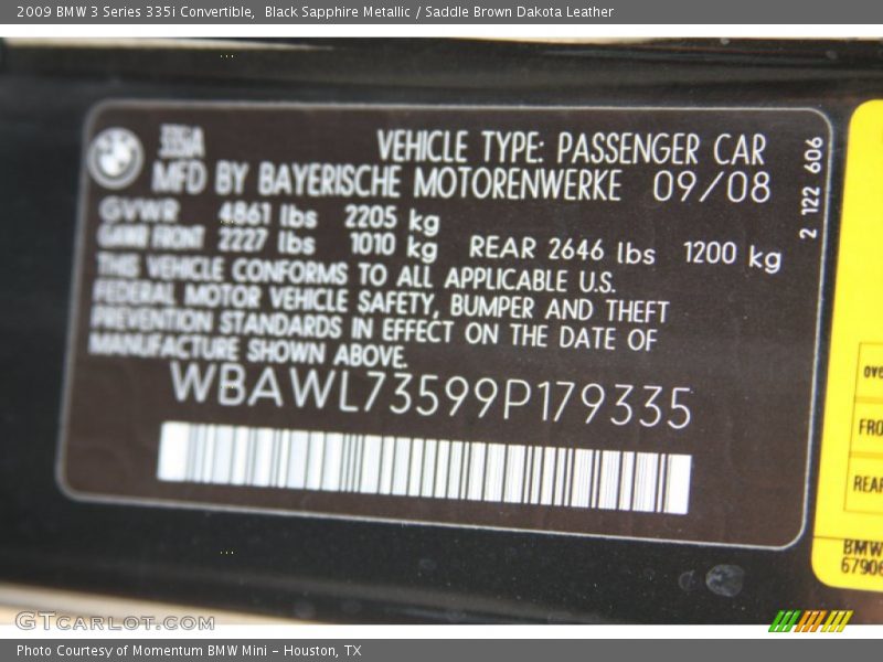 Black Sapphire Metallic / Saddle Brown Dakota Leather 2009 BMW 3 Series 335i Convertible
