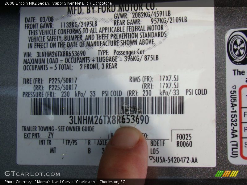Vapor Silver Metallic / Light Stone 2008 Lincoln MKZ Sedan