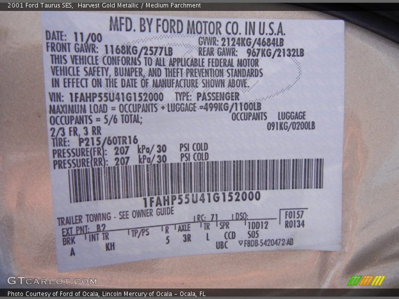 2001 Taurus SES Harvest Gold Metallic Color Code B2