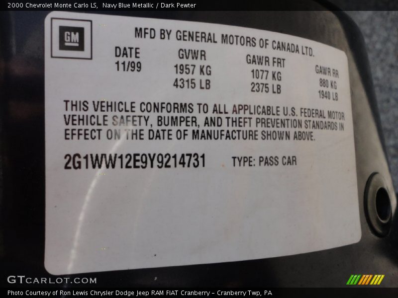 Navy Blue Metallic / Dark Pewter 2000 Chevrolet Monte Carlo LS