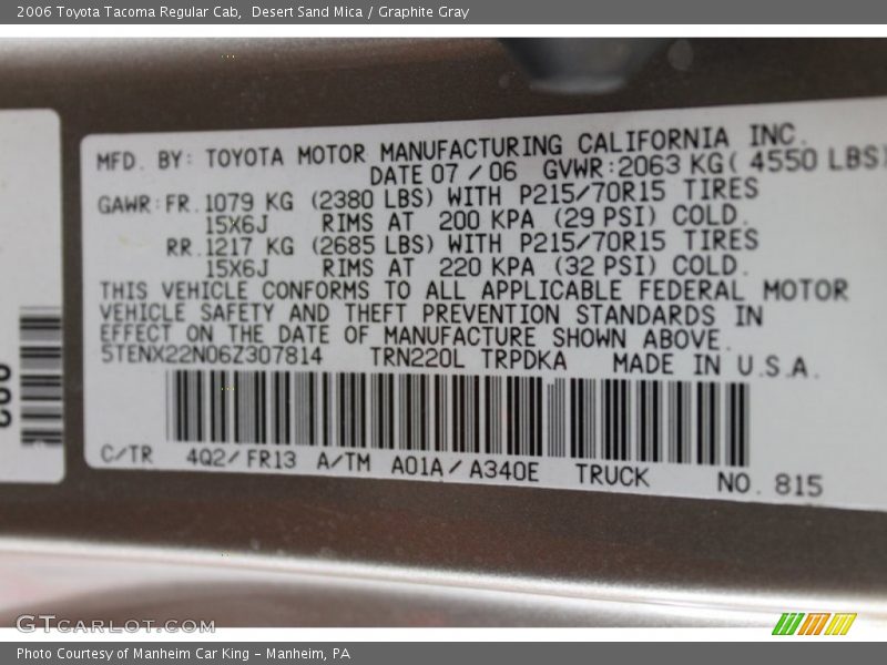 Desert Sand Mica / Graphite Gray 2006 Toyota Tacoma Regular Cab