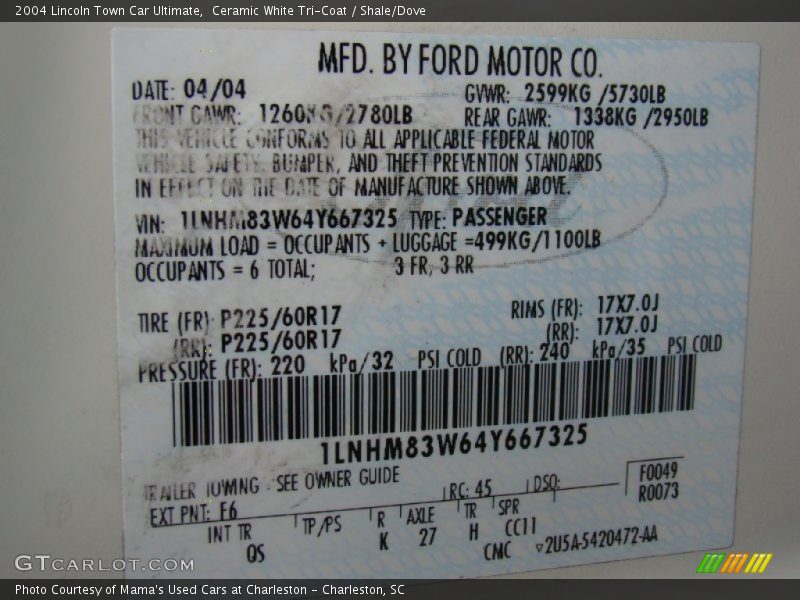 Ceramic White Tri-Coat / Shale/Dove 2004 Lincoln Town Car Ultimate