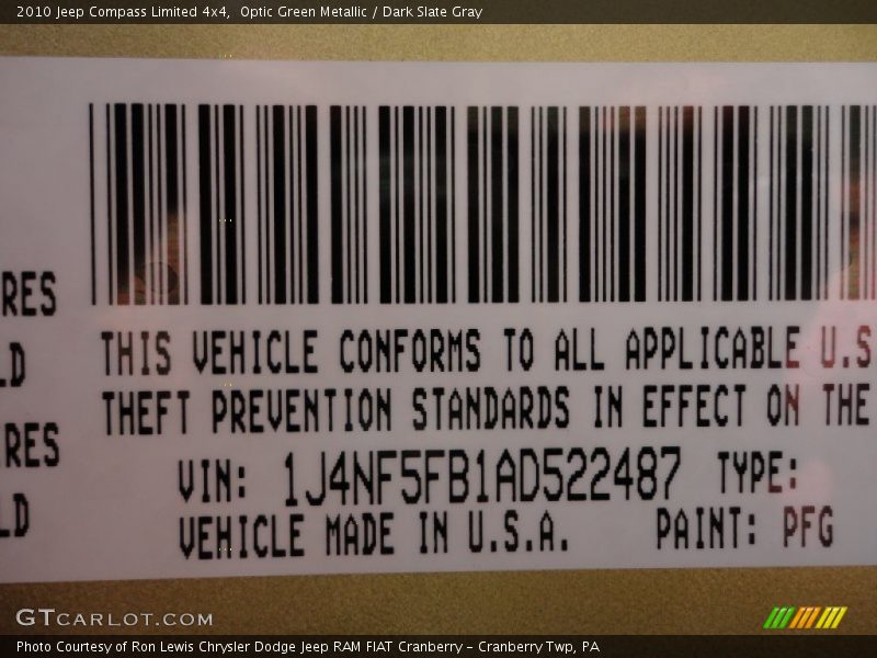 2010 Compass Limited 4x4 Optic Green Metallic Color Code PFG