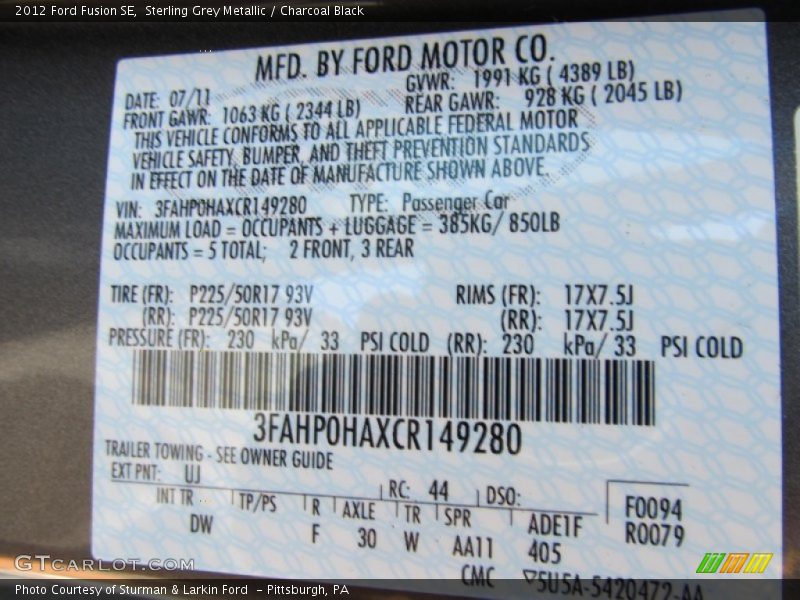 Sterling Grey Metallic / Charcoal Black 2012 Ford Fusion SE