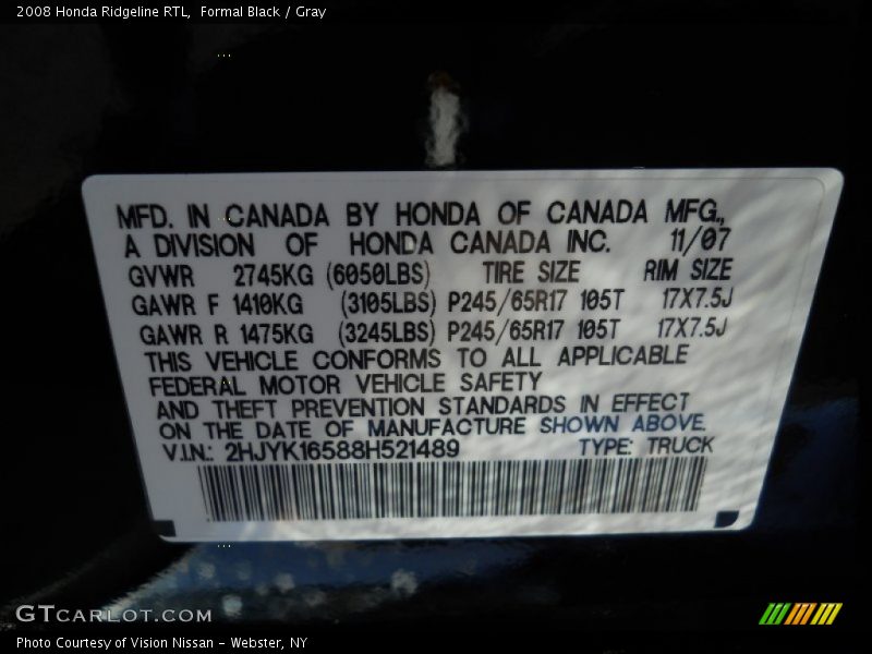 Formal Black / Gray 2008 Honda Ridgeline RTL